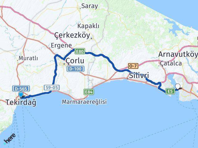 Tekirdağ Büyükçekmece İstanbul Arası Kaç Km - Yol Haritası