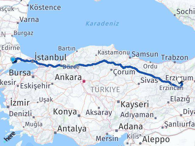 Tekirdağ Çayırlı Erzincan Arası Kaç Km - Yol Haritası