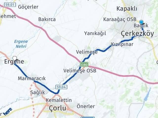 Tekirdağ Çerkezköy Bağlık Ergene Arası Kaç Km - Yol Haritası