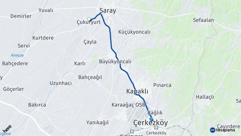 Tekirdağ Çerkezköy Çukuryurt Saray Arası Kaç Km - Yol Haritası