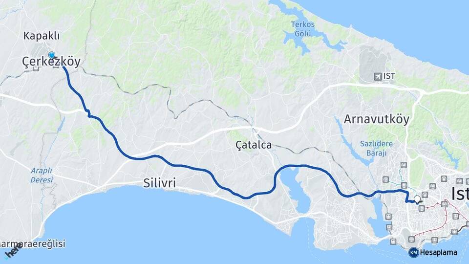 Tekirdağ Çerkezköy Güneşli Bağcılar İstanbul Arası Kaç Km - Yol Haritası