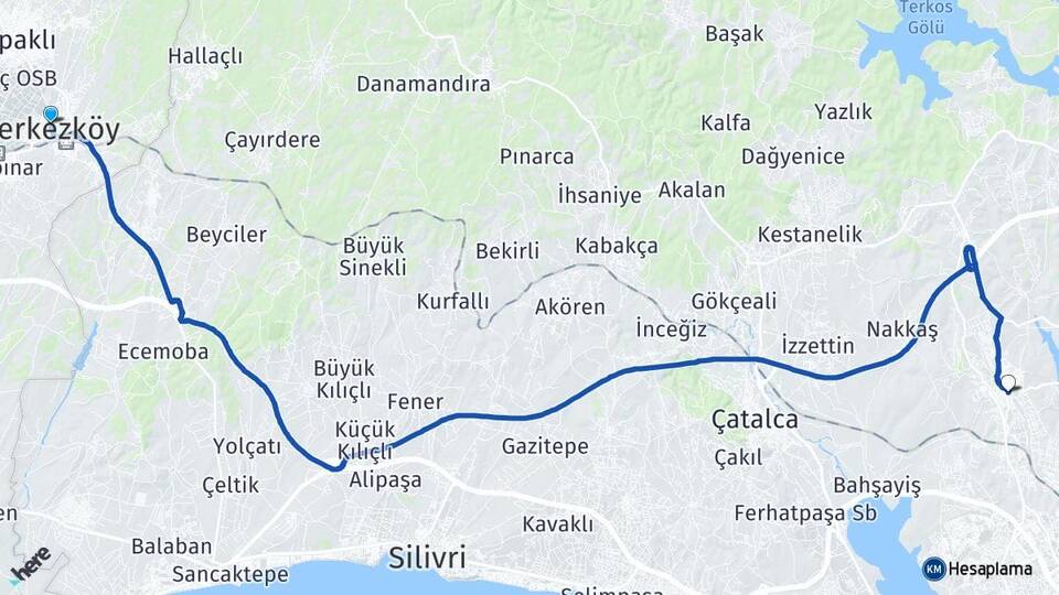 Tekirdağ Çerkezköy Hadımköy Arnavutköy İstanbul Arası Kaç Km - Yol Haritası