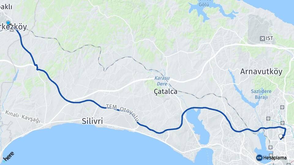 Tekirdağ Çerkezköy Halkalı Küçükçekmece İstanbul Arası Kaç Km - Yol Haritası