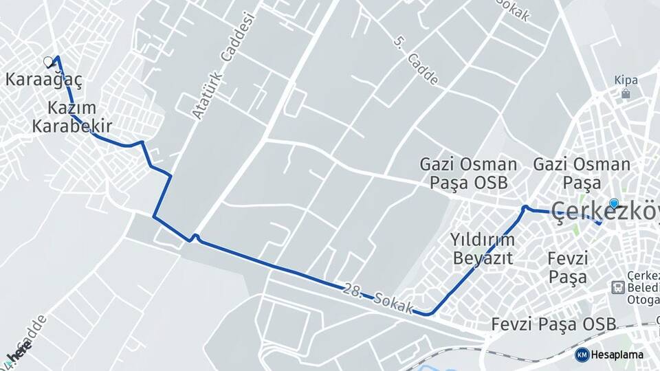 Tekirdağ Çerkezköy Karaağaç Kapaklı Arası Kaç Km - Yol Haritası