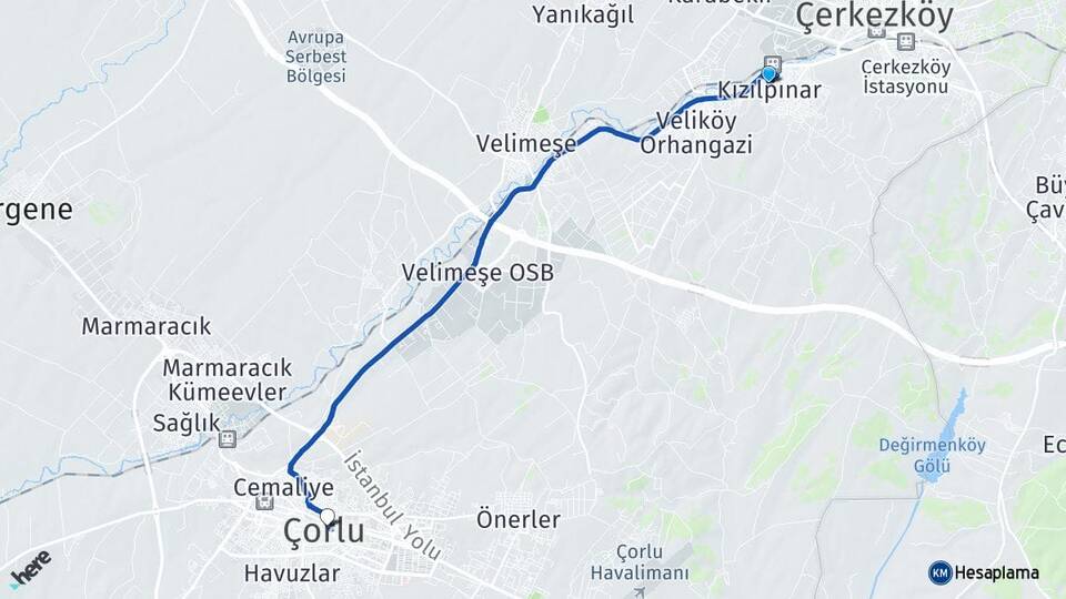 Tekirdağ Çerkezköy Kızılpınar Çorlu Arası Kaç Km - Yol Haritası