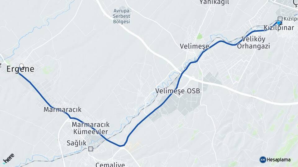 Tekirdağ Çerkezköy Kızılpınar Ergene Arası Kaç Km - Yol Haritası