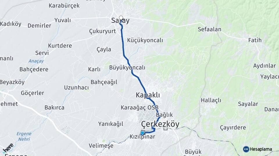Tekirdağ Çerkezköy Kızılpınar Saray Arası Kaç Km - Yol Haritası