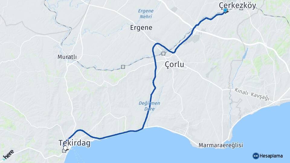 Tekirdağ Çerkezköy Kızılpınar Süleymanpaşa Arası Kaç Km - Yol Haritası
