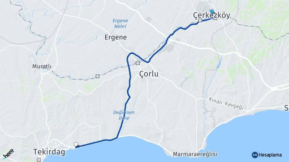 Tekirdağ Çerkezköy Namık Kemal Süleymanpaşa Arası Kaç Km - Yol Haritası