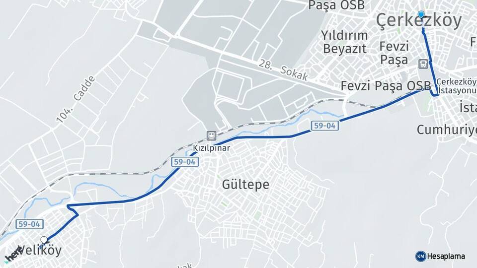 Tekirdağ Çerkezköy Veliköy Çerkezköy Arası Kaç Km - Yol Haritası