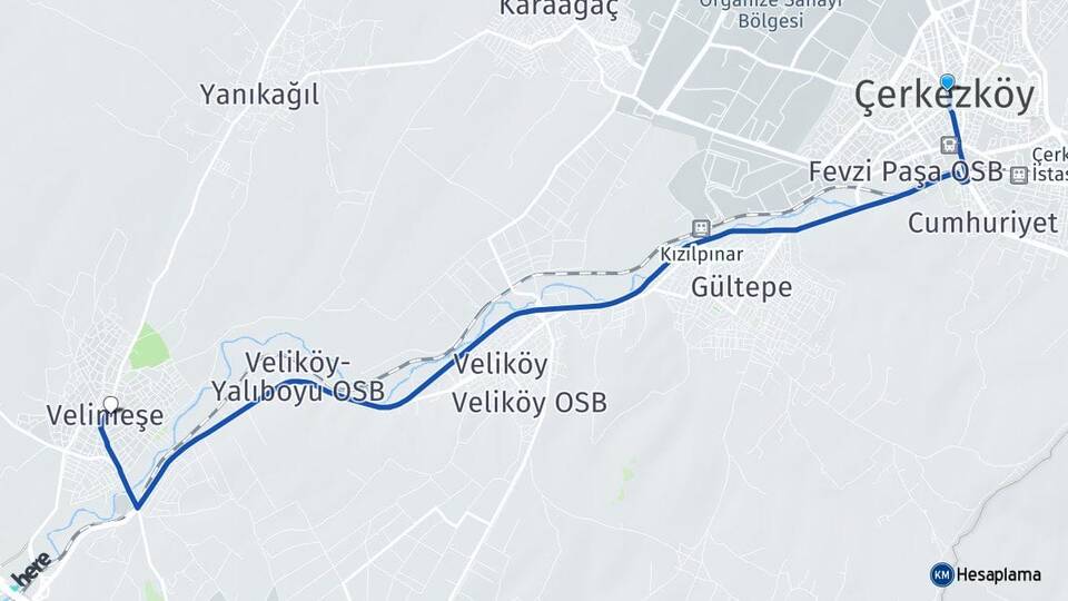 Tekirdağ Çerkezköy Velimeşe Ergene Arası Kaç Km - Yol Haritası