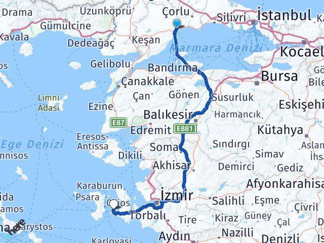 Tekirdağ Çeşme İzmir Arası Kaç Km - Yol Haritası