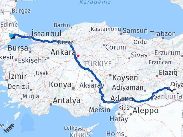 Tekirdağ Çınar Diyarbakır Arası Kaç Km - Yol Haritası