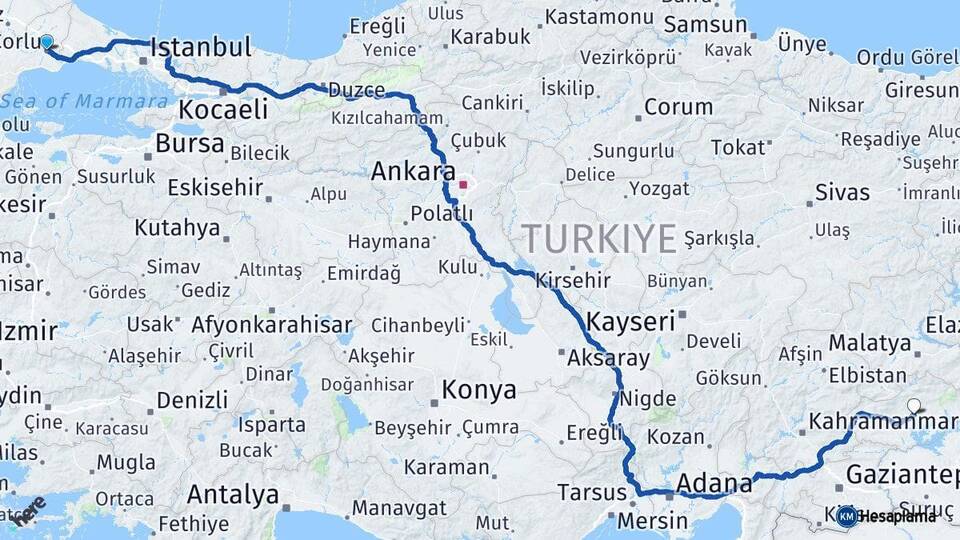 Tekirdağ Çorlu Adıyaman Arası Kaç Km - Yol Haritası