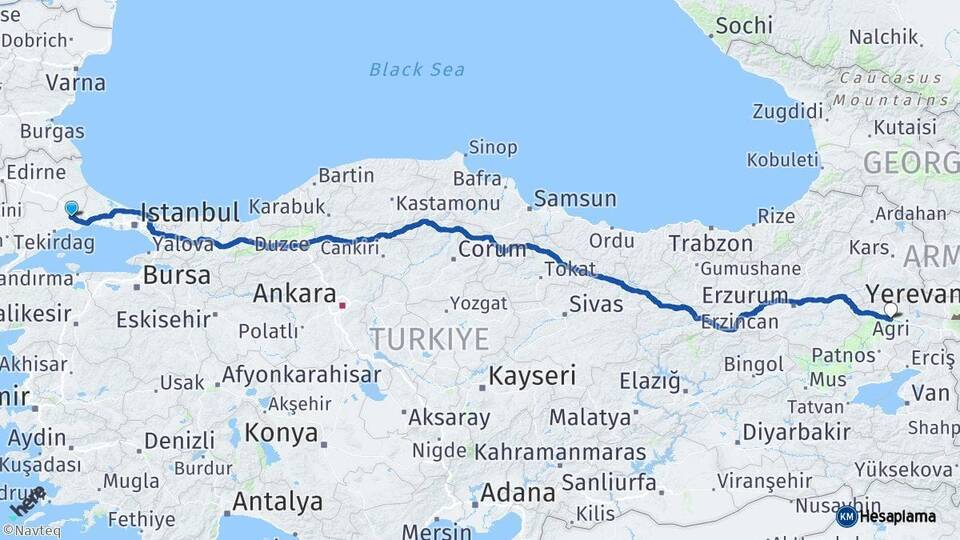 Tekirdağ Çorlu Ağrı Arası Kaç Km - Yol Haritası