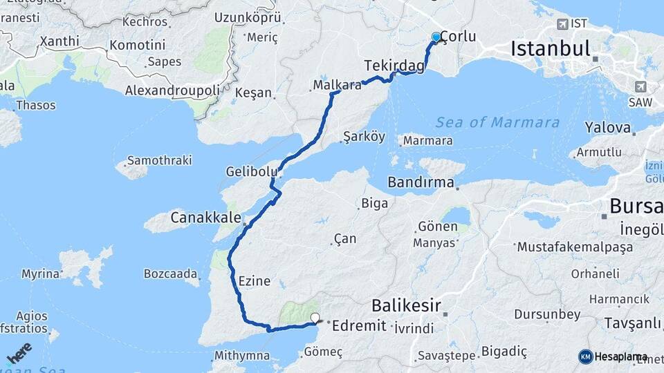 Tekirdağ Çorlu Akçay Edremit Balıkesir Arası Kaç Km - Yol Haritası