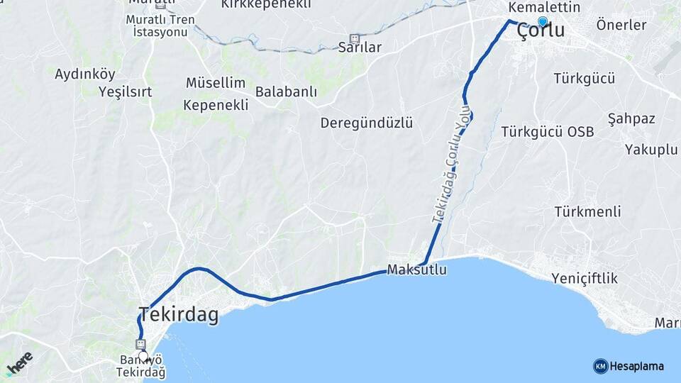 Tekirdağ Çorlu Altınova Süleymanpaşa Arası Kaç Km - Yol Haritası