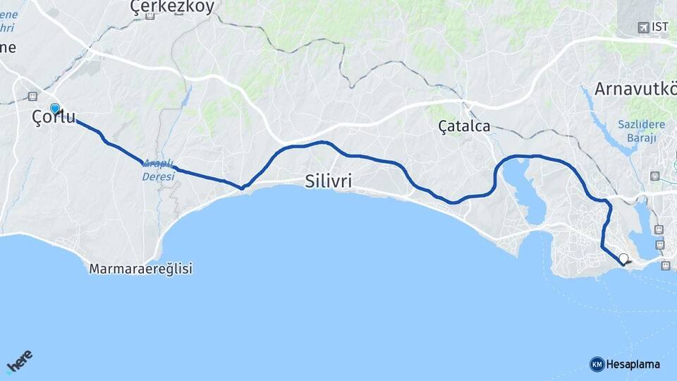 Tekirdağ Çorlu Ambarlı Avcılar İstanbul Arası Kaç Km - Yol Haritası