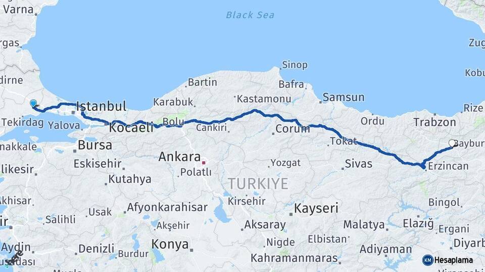 Tekirdağ Çorlu Bayburt Arası Kaç Km - Yol Haritası