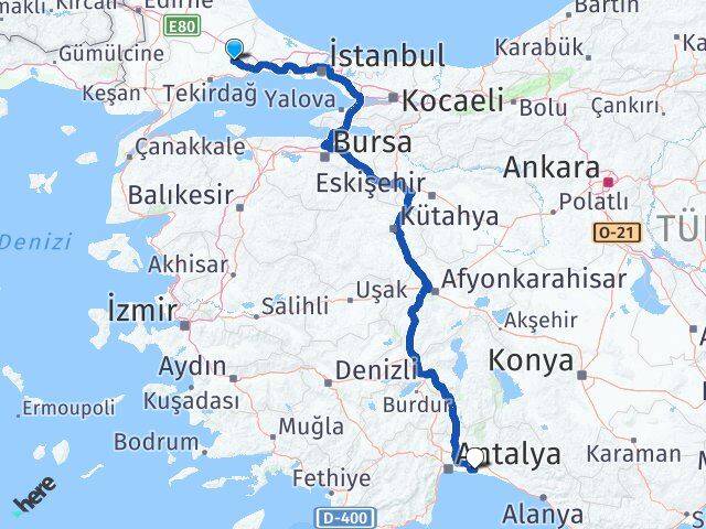 Tekirdağ Çorlu Belek Serik Antalya Arası Kaç Km - Yol Haritası