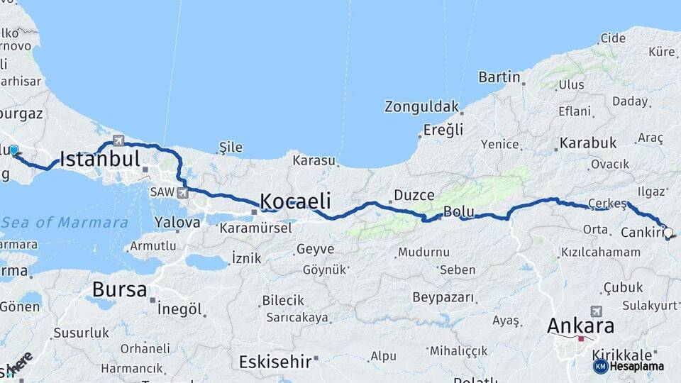 Tekirdağ Çorlu Çankırı Arası Kaç Km - Yol Haritası