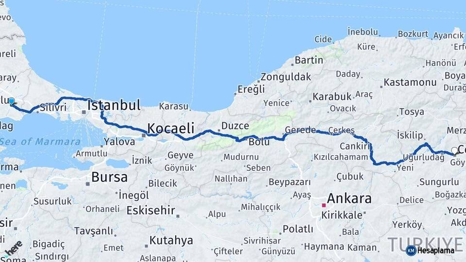 Tekirdağ Çorlu Çorum Arası Kaç Km - Yol Haritası