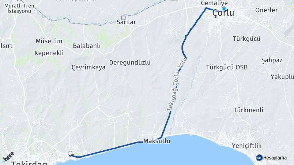 Tekirdağ Çorlu Değirmenaltı Süleymanpaşa Arası Kaç Km - Yol Haritası