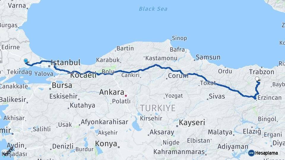 Tekirdağ Çorlu Gümüşhane Arası Kaç Km - Yol Haritası