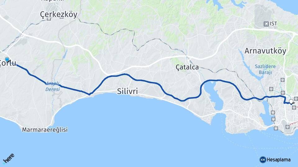 Tekirdağ Çorlu Güneşli Bağcılar İstanbul Arası Kaç Km - Yol Haritası