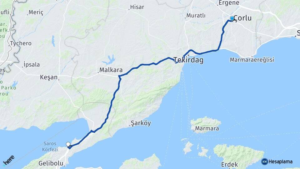 Tekirdağ Çorlu Güneyli Gelibolu Çanakkale Arası Kaç Km - Yol Haritası