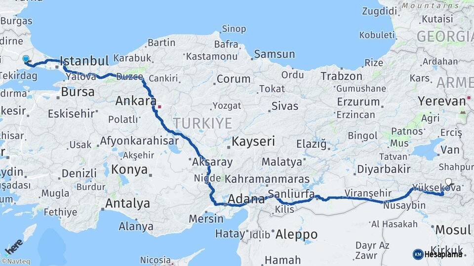 Tekirdağ Çorlu Hakkari Arası Kaç Km - Yol Haritası