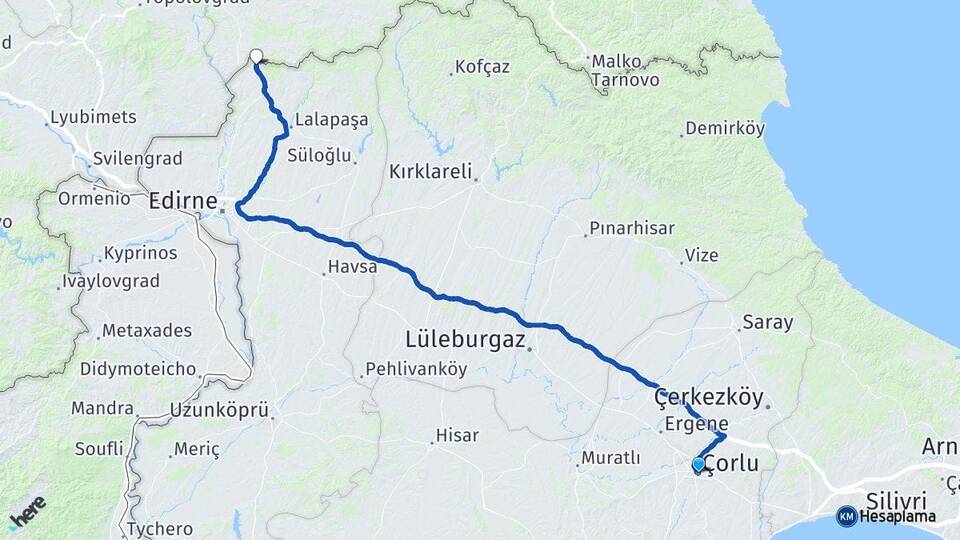 Tekirdağ Çorlu Hamzabeyli Lalapaşa Edirne Arası Kaç Km - Yol Haritası