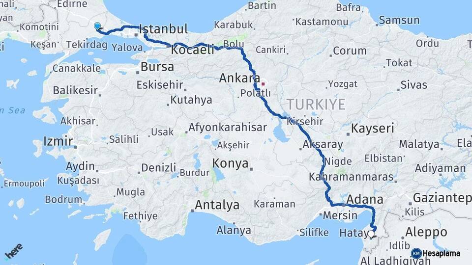 Tekirdağ Çorlu Hatay Arası Kaç Km - Yol Haritası
