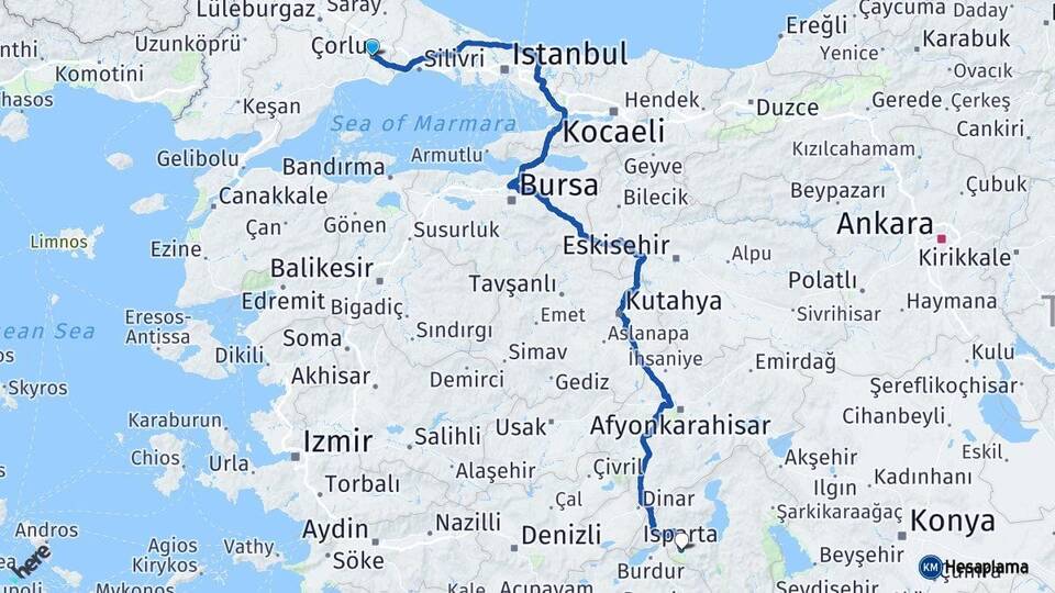 Tekirdağ Çorlu Isparta Arası Kaç Km - Yol Haritası