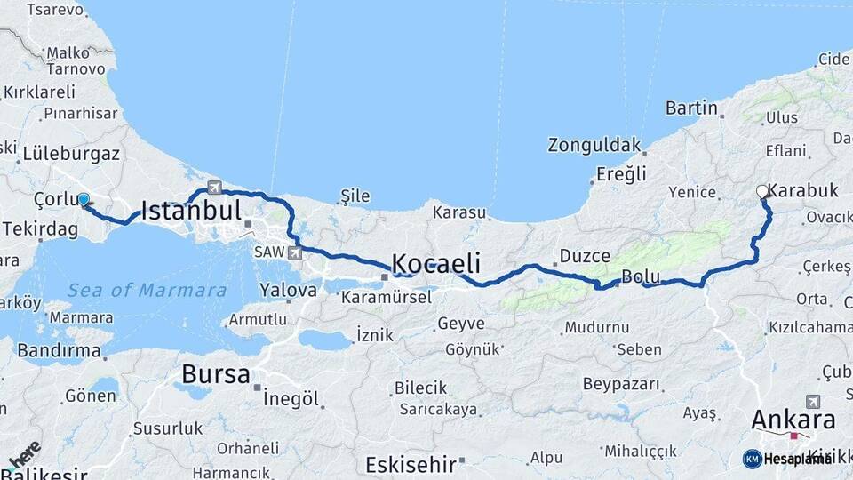 Tekirdağ Çorlu Karabük Arası Kaç Km - Yol Haritası