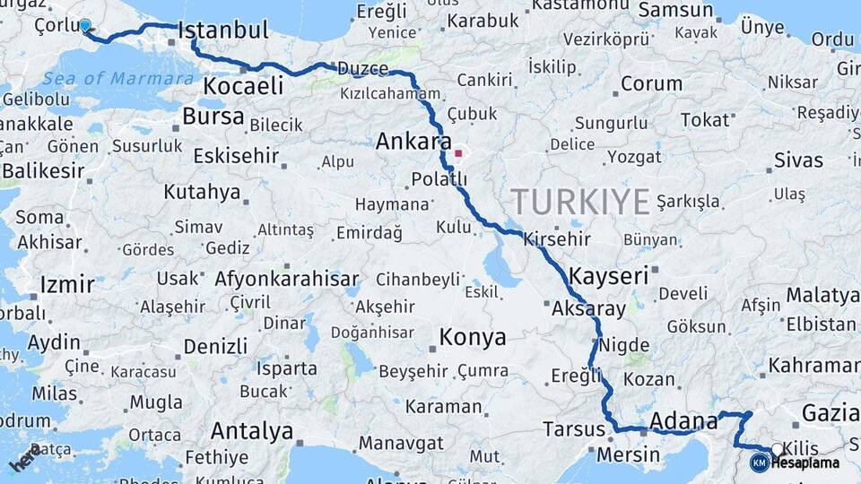 Tekirdağ Çorlu Kilis Arası Kaç Km - Yol Haritası