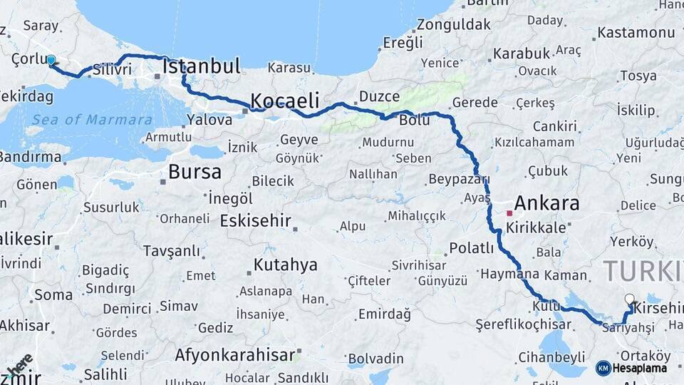 Tekirdağ Çorlu Kırşehir Arası Kaç Km - Yol Haritası