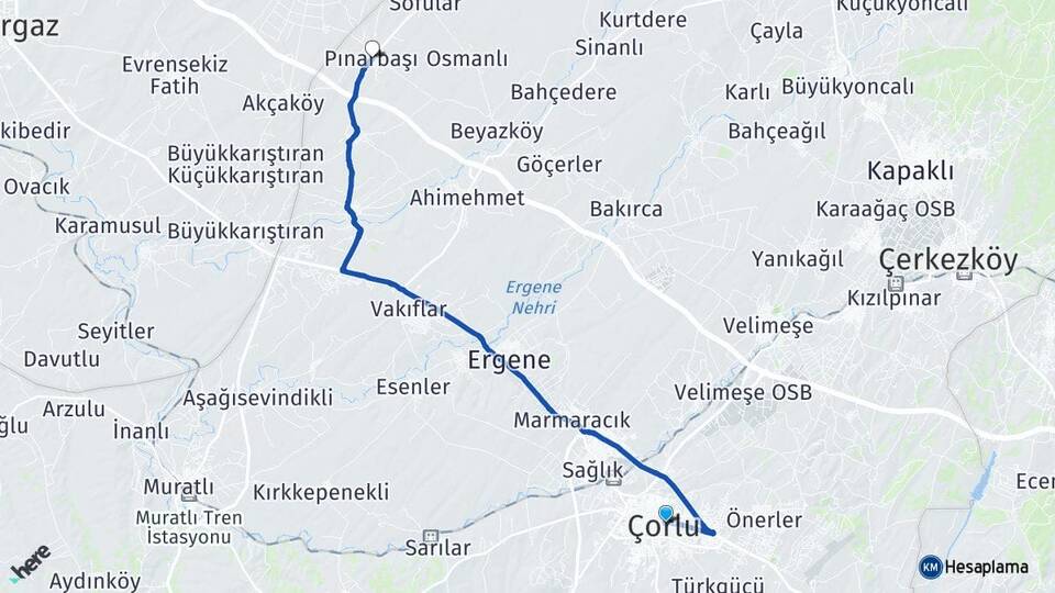 Tekirdağ Çorlu Pınarbaşı Ergene Arası Kaç Km - Yol Haritası