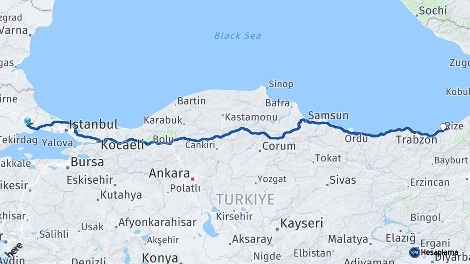 Tekirdağ Çorlu Rize Arası Kaç Km - Yol Haritası