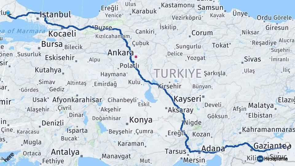 Tekirdağ Çorlu Şanlıurfa Arası Kaç Km - Yol Haritası