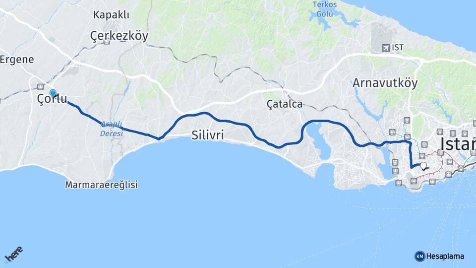 Tekirdağ Çorlu Şirinevler Bahçelievler İstanbul Arası Kaç Km - Yol Haritası