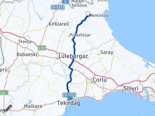 Tekirdağ Demirköy Kırklareli Arası Kaç Km - Yol Haritası