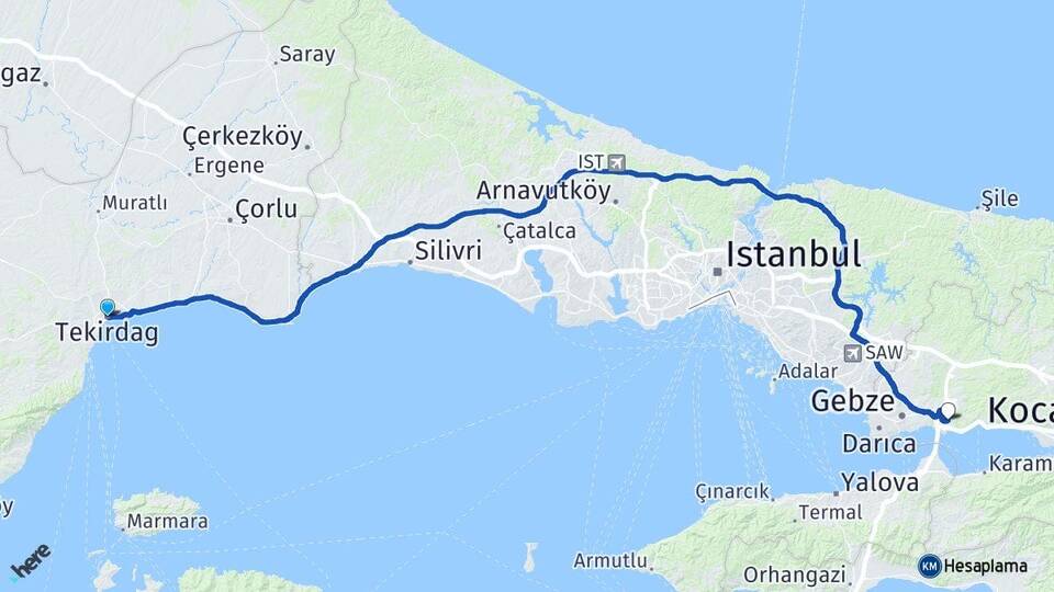 Tekirdağ Dilovası Kocaeli Arası Kaç Km - Yol Haritası
