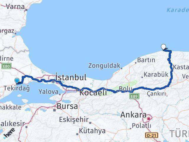 Tekirdağ Doğanyurt Kastamonu Arası Kaç Km - Yol Haritası