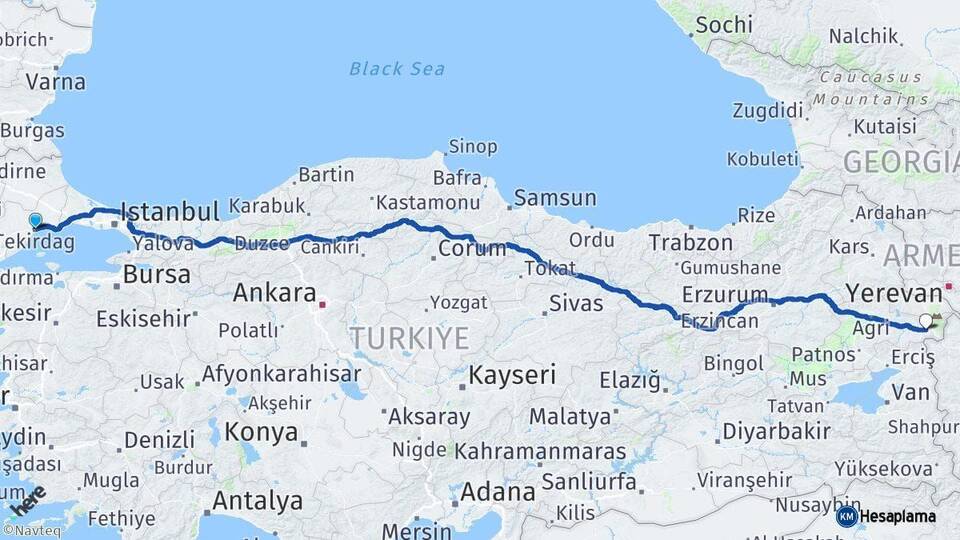 Tekirdağ Doğubayazıt Ağrı Arası Kaç Km - Yol Haritası
