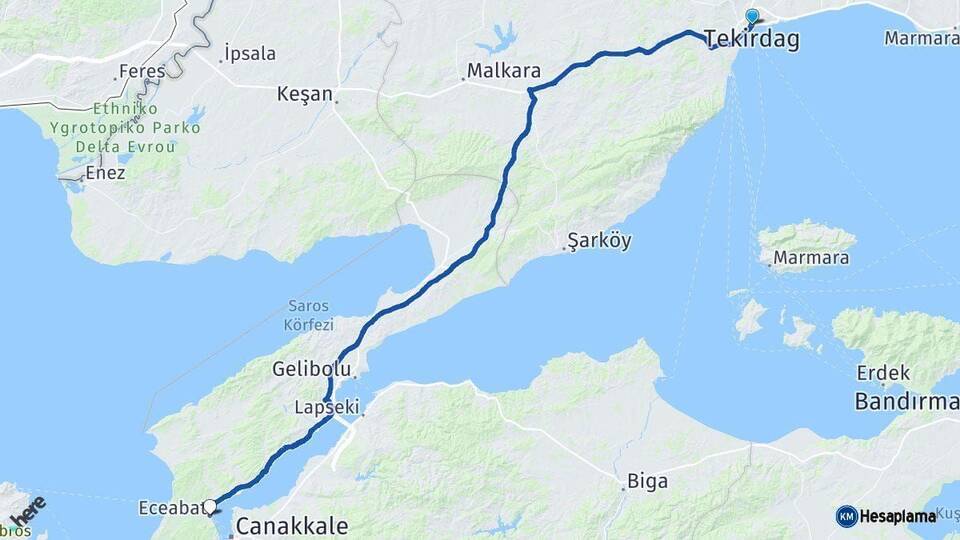 Tekirdağ Eceabat Çanakkale Arası Kaç Km - Yol Haritası