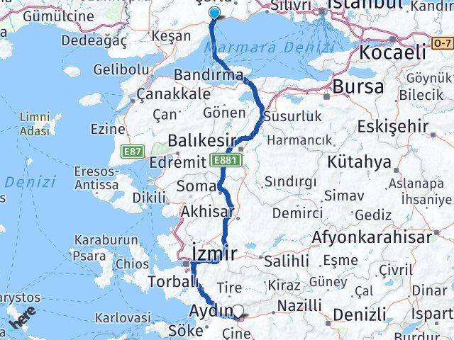 Tekirdağ Efeler Aydın Arası Kaç Km - Yol Haritası