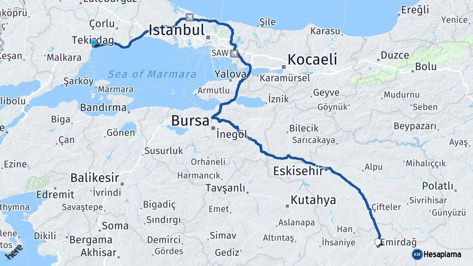 Tekirdağ Emirdağ Afyonkarahisar Arası Kaç Km - Yol Haritası
