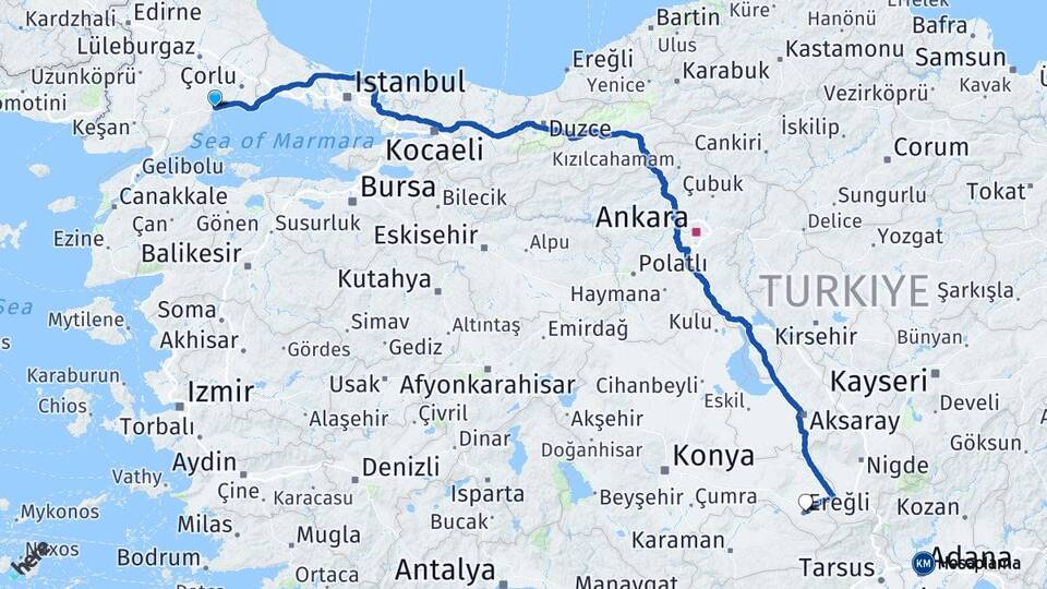 Tekirdağ Ereğli Konya Arası Kaç Km - Yol Haritası