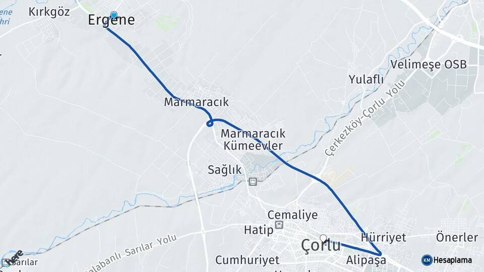 Tekirdağ Ergene Çorlu Arası Kaç Km - Yol Haritası